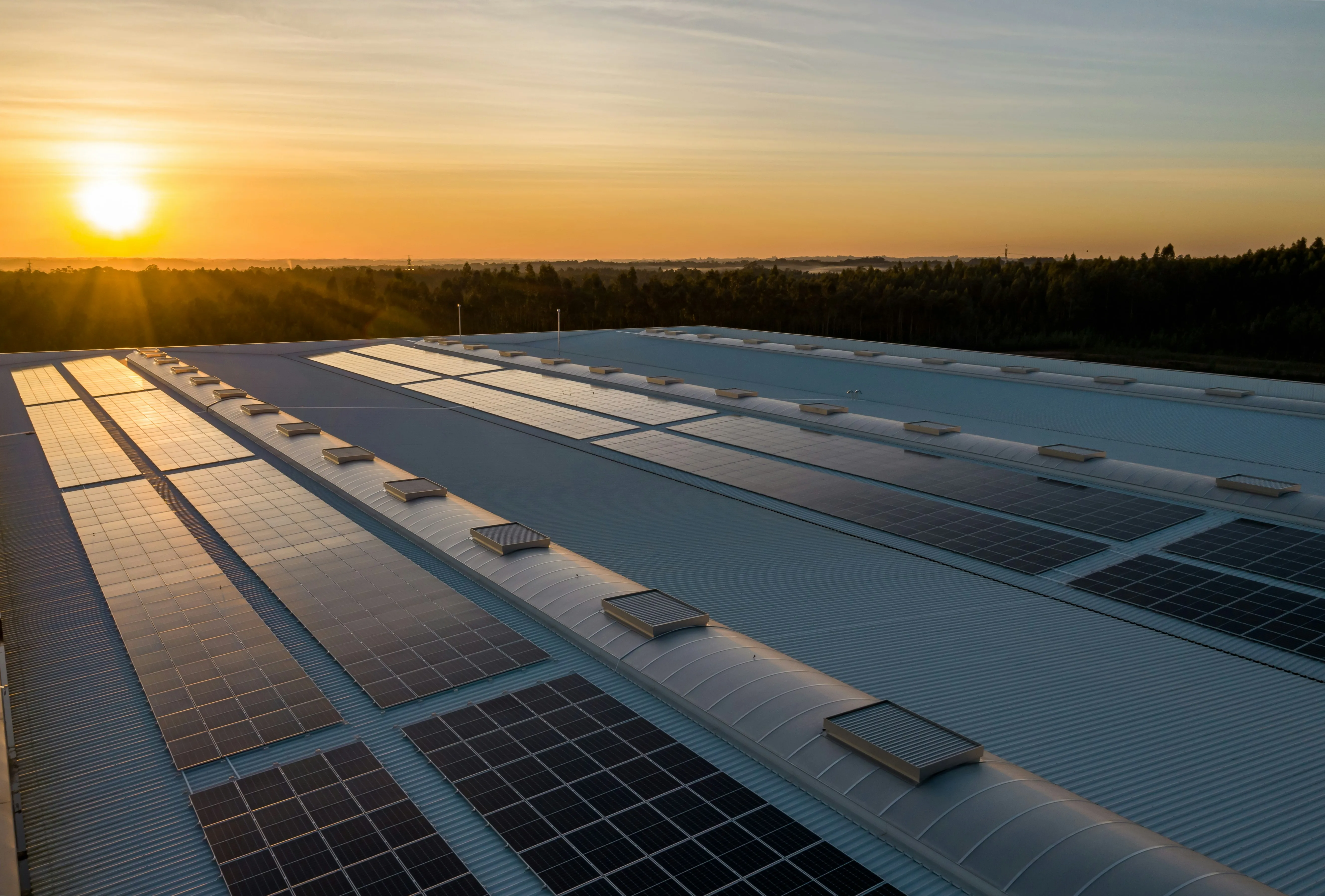 Commercial solar rooftop at sunset